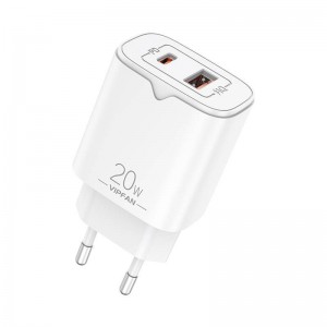 Network charger VFAN E08, USB + USB-C, 20W PD + QC 3.0 (white)