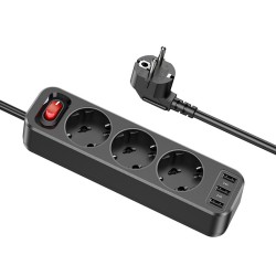 Hoco - Extension Cord (NS2) - 3xUSB-A, 3xSocket, 2.4A, EU Plug, 1.8m - Black