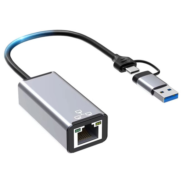 Network adapter DeTech USB-A/USB-C - RJ45, 1000Mbps, Gray - 17831