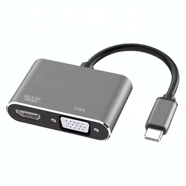 Adapter DeTech, 2in1 USB-C - HDMI+VGA, 4K, 30Hz, 3D, Gray - 17842