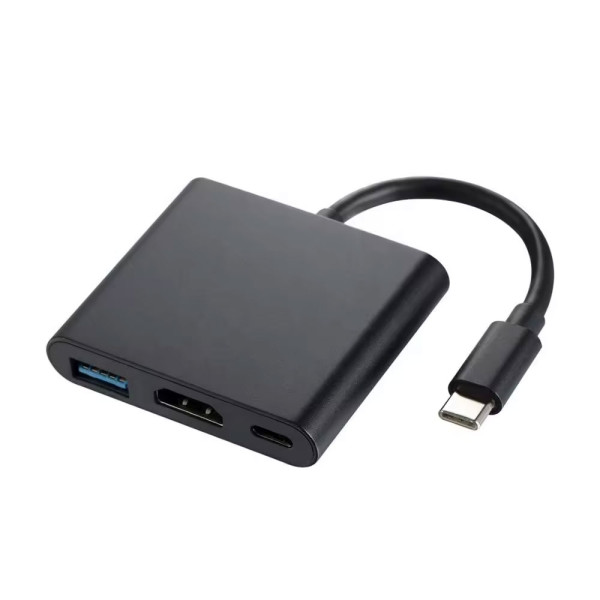 Adapter DeTech, 3in1 USB-C–HDMI+USB 3.0 + PD, 4K, 30Hz, Gray - 17844