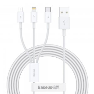 Charging cable Baseus Superior, 3in1, Micro USB, Lightning, Type-C, 1.0m, White - 40438