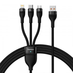 Charging cable Baseus Flash, 3in1, Micro USB, Lightning, Type-C, 66W, 1.2m, Black - 40492