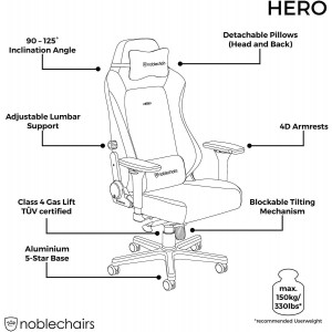 noblechairs HERO Pure Leather Gaming Chair - cold foam, steel armrests,  60mm casters, 150kg - black